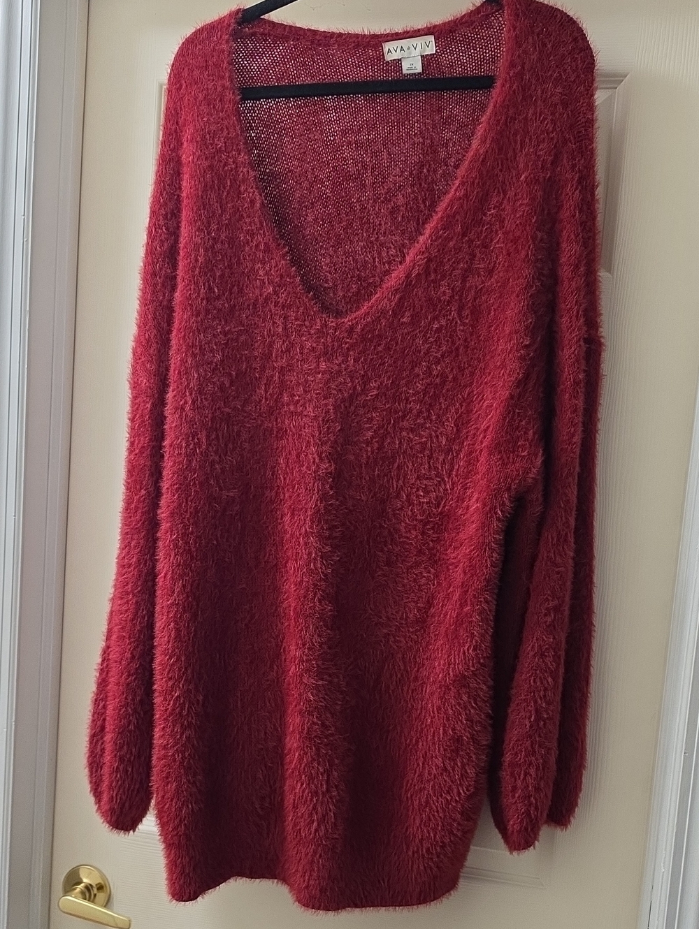 Ava & Viv Plush V-Neck Sweater in Deep Red